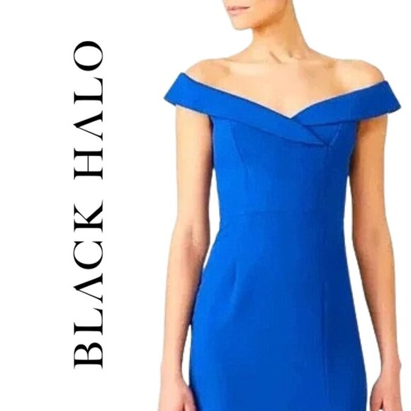 Black Halo, Off the Shoulder Sleeveless Sheath Dress, Royal Blue, Cobalt - Picture 1 of 6